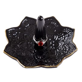 COMMGOAL Ceramic Mandala Ring Holder, Decorative Jewelry Dish, Trinket Tray Room Decor, Engagement Wedding Birthday Gifts for Women Girls (Black)