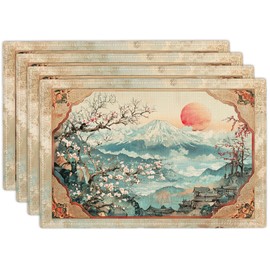 Japanese Placemats Set of 4 Rustic Mount Table Mats Cherry Blossoms Place Mats Decor Imitation Linen Heat Resistant Vintage Tablecloth for Dining Decoration Kitchen Party Restaurants 12''x18''