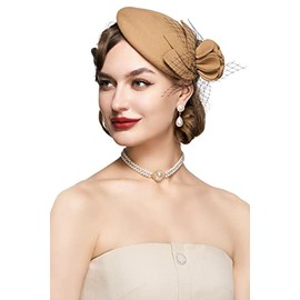 BABEYOND Fascinator Hats for Women - Tea Party Hats Fascinators Kentucky Headband Felt Derby Hat Wedding Flower Mesh Headwear, Camel, One Size