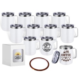 PlanetFlame 12 Pack 12 oz Sublimation Mug with Handle, Stainless Steel Vacuum Insulated Cup with Leakproof Sliding Lid and Heat Resistant Tape, Matte White