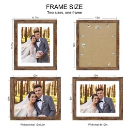 Hongkee 10x12 Picture Frame Set of 4, Made of Real Glass and Rustic Brown Frame - Display Picture 8x10 with Mat or 10x12 Without Mat, 10 by 12 Photo for Wall Mounting