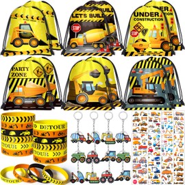 SNLN Construction Party Favors Birthday Supplies Construction Drawstring Bag Keychain Silicone Bracelet Tattoo Sticker Excavator Birthday Party Favor Goodie Bag Stuffers Fillers Classroom Rewards