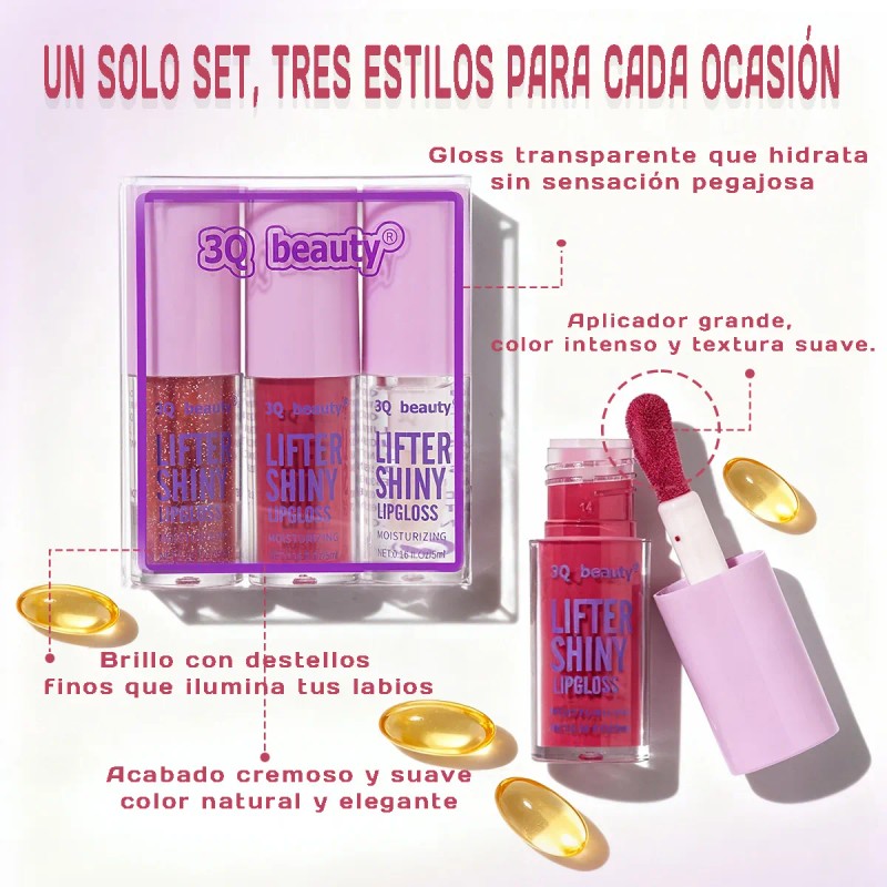 Kit 3 Brillos Labiales Lip Oil Glitter Gloss Hidratante 03