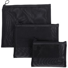 GLOBAL Box Mesh Pouch, Black, Travel Makeup Pouch, Large, Medium, Small, Set of 3