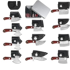 11 Mini Navajas de Bolsillo Set Cuchillo de Damasco para Mujeres y Hombres Mini Cuchillo en Forma de Hacha con Afilador de Cuchillos y Caja para Abridor de Botellas de Cerveza y Caja de Embalaje