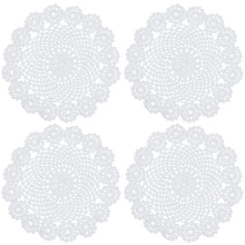 kilofly Crochet Cotton Lace Table Placemats Doilies Pack, 4pc, White, Garland, 7 inch