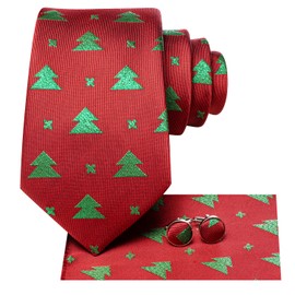 Hi-Tie Men's Christmas Tie Set Tie Pocket Square Cufflinks Set Match Reindeer Snowflake Xmas Tree Pattern for Wedding Prom, red green christmas tree