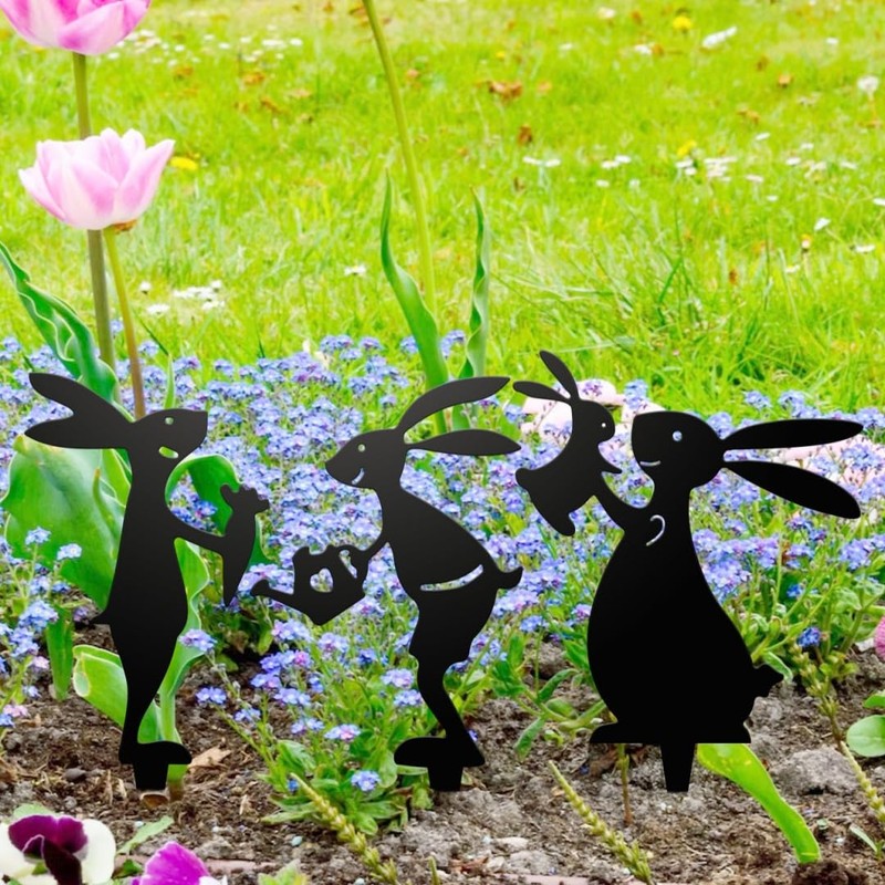 Set 3 Metal Rabbit Garden Stakes Bunny Front Yard Black