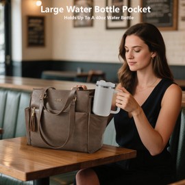 LOVEVOOK Laptop Tote Bag for Women 15.6 Inch Vintage Leather Work Laptop Bag with Large Water Bottle Pockets, Waterproof Computer Briefcase Teacher Bag for Casual Office Travel