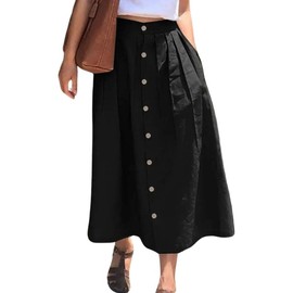 chouyatou Women's High Waisted Button Front Skirt A-Line Pleated Cotton Midi Long Skirt with Pockets, Black, XX-Large