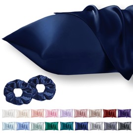 Vielit 2 Pack Satin Pillowcase for Hair and Skin Cooling,Soft as Silk Pillowcase for Hair and Skin,Easier Care than Silk Pillow Case Navy 50x75cm Gifts for Women Envelope & 2 Scrunchies