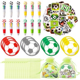 CY2SIDE Soccer Stationery Party Gift - 12 Pack Football Prizes Set Include 4-in-1 Ballpoint Pen Sticky Note Sticker and Organza for boy, Summer sport Party Favor Goodie Bag Fillers for School Rewards