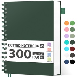 AHGXG Bullet Dotted Journal Spiral Notebook, 300 Pages Dotted Notebook Thick Journal, A5 Dot Grid Notebook, 100GSM Thick Paper, Plastic Hardcover, with Journal Stencils, 5.7" x 8.3", Black Green