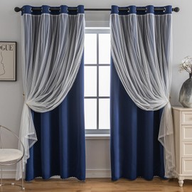 Anytime Home Curtains Blackout and Sheer Layered Solid Window Curtain Panel Pair with Grommet Top, 52Wx63L,Navy Blue