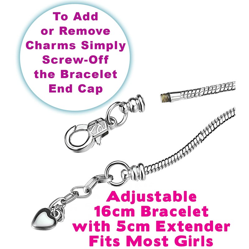 Girls Pink Sparkly Unicorn Charm Bracelet with Gift Box (1.