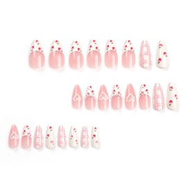 Nail Apparel Y2K Cute Medium Almond Press on Nails 3D Charms Pink Glitter Rhinestone Heart Pearl Bow Medium Almond Fake Nails 24Pcs (White French Strawberry Pearl Heart)