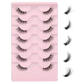 JIMIRE Half Lashes with Clear Band Cat-Eye Lashes Fluffy Wispy Accent False Eyelashes Natural Look Handmade Soft DIY Cluster Lashes Pack 7 Pairs