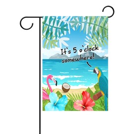 Duble Sided Flamingo Parrot It's 5 o'clock Somewhere Tropical Flowers Palm Coconut Beach Ocean Island Polyester Garden Flag Banner 12 x 18 Inch for Outdoor Home Garden Flower Pot Decor