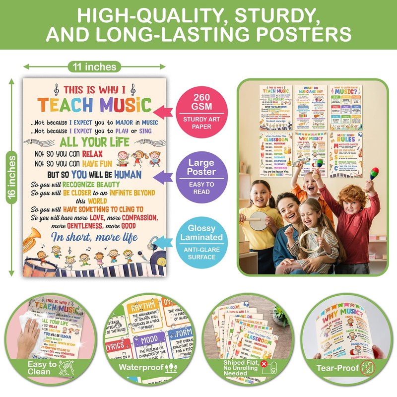 Lalunia 6 Pcs Music Classroom Posters (11"x16") - Why Music