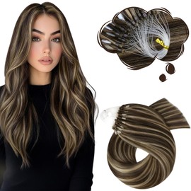 Moresoo Micro Ring Hair Extensions Dark Brown with Caramel Blonde Micro Loop Hair Extensions Real Human Hair Highlight Blonde Cold Fusion Short Straight Hair 1g/s 50g/Pack #P4/27 14 Inch