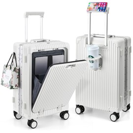 MRPLUM Front Pocket Carry On Luggage,PC Hardside Spinner Wheel Suitcase with TSA Lock,Cup Holder,Phone Holder&USB Charging Port,White(1 Piece)