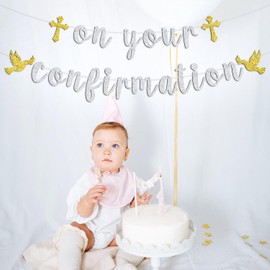 On Your Confirmation Banner, Cross Baptism Banner for Kids, First Holy Communion, God Bless, Religious Christening Baby's 1st Birthday Baby Shower Party Decorations Supplies