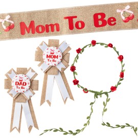 R HORSE 5Pcs Mom to Be Sash Dad to Be Pin - Cherry Themed Burlap Maternity Sash Corsage Pin and Flower Crown Headband - Gender Reveals Party Baby Shower Decorations Pregnancy Props Keepsake Gifts
