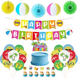 YQUQWN Summer Pool Birthday Party Decorations 51 PCS Beach Theme Party Supplies Including Beach Ball Birthday Banner Cupcake Toppers Balloons Set for Splish Splash Hawaiian Decorations