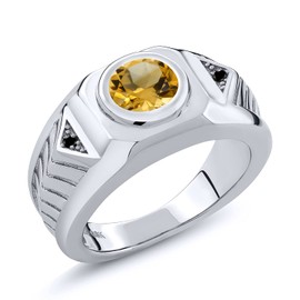 Gem Stone King Men's 925 Sterling Silver Yellow Citrine and Black Diamond Ring (1.53 Cttw, Gemstone Birthstone, Available 7,8,9,10,11,12,13) (Size 10)