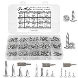 FandWay M2 M2.6 M3 Tapping Screws Flat Head Screws Set, 560 Pieces Torx Self-Tapping Screws, Wood Screws Stainless Steel Flat Head Torx Self Drilling Screws Assortment with T6 T7 T8 T10 Bits