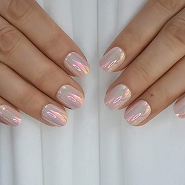 IKISKT Press On Nails - Iridescent Pink | Mirror Unicorn Chrome l UV Short Round False Fake Nails, Reusable Glue | 10 Sizes - 24 Nail Kit
