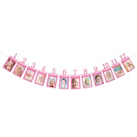 Baby First Birthday Banner, Pink Glitter Growth Record 1-12 Month Photo Props Baby Girl Party Decoration Supplies