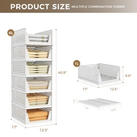 Pinkpum 6 Pack Closet Organizers Storage Bins, Stackable Plastic Drawer Basket for Clothing, Stackable Storage Bins Shelf Storage Container for Closet Wardrobe Bedroom Bathroom Office White