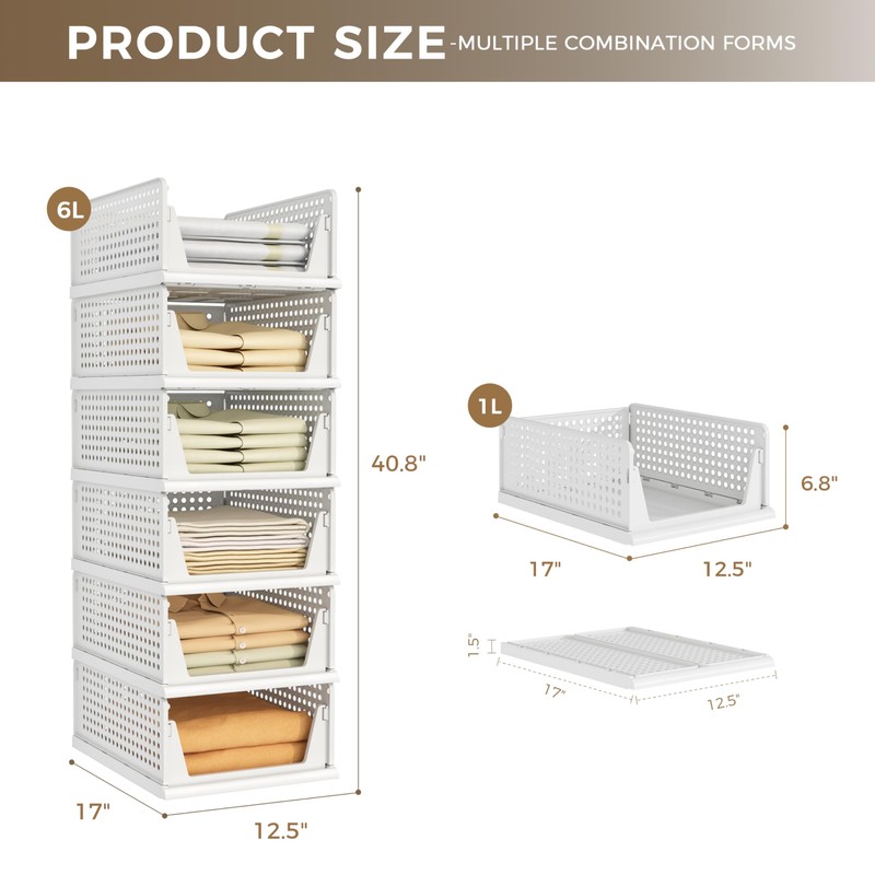 Pinkpum 6 Pack Closet Organizers Storage Bins, Stackable Plastic Drawer