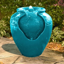 Teamson Home Floor Glazed Pot Water Fountain with Built-in LED Light and Pump for Outdoor Indoor Patio Garden Backyard Decking Home Décor, 17 inch Height, Teal