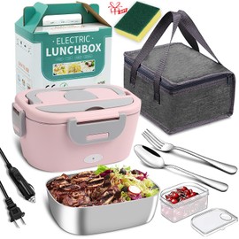 Lonchera Eléctrica Portátil 2 en 1 para Coche y Hogar, Calentador de Comida PTC 1.5L sin Agua, Antigoteo con Esponja Lavavajillas y Bolsa Térmica, Inc