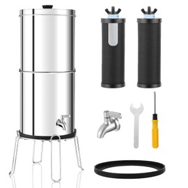 LYCDMONT 2.25G Ultra-Filtration Gravity Water Filter System，304 Stainless Steel Countertop System with 2 Carbon Filters and Stand ，NSF/ANSI 42 Certification，Reduce 99.9% Chlorine