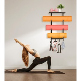 NANXITU Yoga Mat Holder Wall Mount,Workout Storage Organizer for Home Gym Exercise,Yoga Mat Rack with Metal Floating Shelves and 4 Hooks for Hanging Foam Rollers,Yoga Strap and Resistance Bands