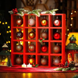 Cinnvoice Wooden Christmas Ornament Displays Rack, 16" x 16" Hanging Red Stand Holder Hanger with 16 Compartments for Christmas Ball, Display Shelf Cabinet for Craft Bauble Decorations Gift
