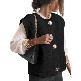 Arssm Women Fleece Sweater Vest Cropped Sleeveless Button Down Knit Gilet Casual Winter Outerwear with Pockets (Black-S)