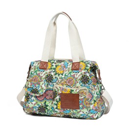 Malirona Canvas Shoulder Bag Travel Handbag Women Top Handle Satchel Crossbody Purse Floral Design Green Flower
