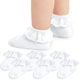 Baby Girl Lace Socks Newborn Ruffle Socks 6 Pack Cute Infant Princess Dress Frilly Socks (White, 0-3 Months)