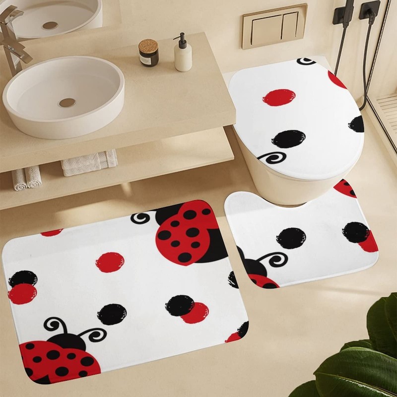 Cute Red Ladybug 4 Piece Shower Curtain Sets, Non-Slip Rugs,