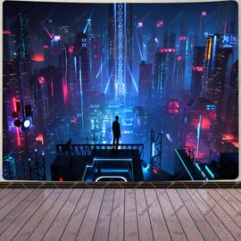 Aidatain Punk Cityscape Tapestry Skyscrapers Skyline 3D Urben Building Neon Lights Night Wall Hanging Tapestries Flannel Large Size 80" 60" for Bedroom Living Room GTWHAT102