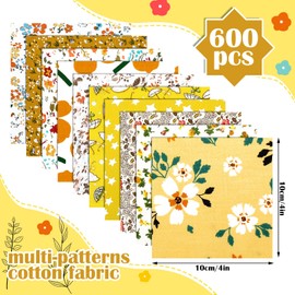 Kinlop 600 Pcs 4 x 4 Inch Cotton Fabric Square Pre Cut Quilt Squares Printed Floral Patchwork Quilting Fabric Bundles for DIY Craft Sewing Clothing Accessory(Yellow)