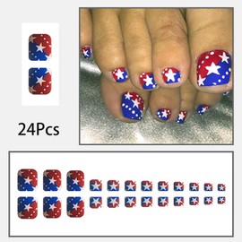 4th of July Press on Toenails Short Square Fake Toenails Glossy Red Blue White False Toenails Full Cover Glue on Toenails Cute American Flags Design Independence Day Toe Nails for Women Girls 24Pcs