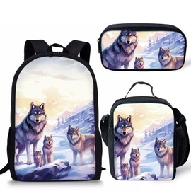 Dolyues Wolf Pattern Bookbag Backpacks Casual Daypack with Lunch Bag Pencil Case Set 3 Piece Backpack Set for Pre-School Girls & Boys Cool Kids 17" School Bag