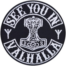 SEE YOU IN VALHALLA Viking Sew-On Patches Vikings Valhalla Iron-On Transfers Nordic Drawing Thor's Hammer Mjölnir Patch for Sew-On/Sew-On Viking Applique for All Fabrics 90 x 90 mm