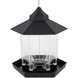 Panorama Wild Bird Feeder Squirrel Proof Hexagon Shaped with Roof Hanging Feeder Outdoor Yard Decoration, Black