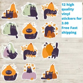Lycan Decals Black Cat Pumpkin Stickers, Cute Cat Sticker Bundle, Bundle of 12 High Quality f